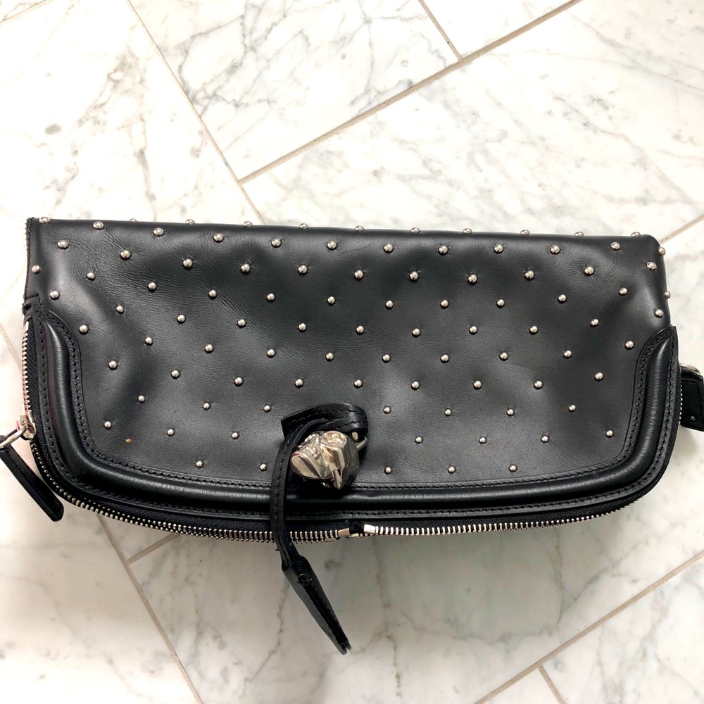 Alexander McQueen Black Studded Leather Clutch with Silver Skull Accent
